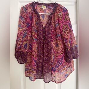Anthropologie Pink Purple V Neck Top Blouse Sheer Boho Cottagecore  Fairycore